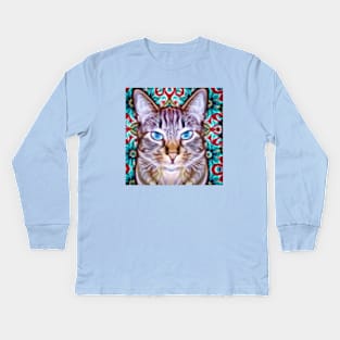 Tabby Cat Against a Colorful Pattern Kids Long Sleeve T-Shirt